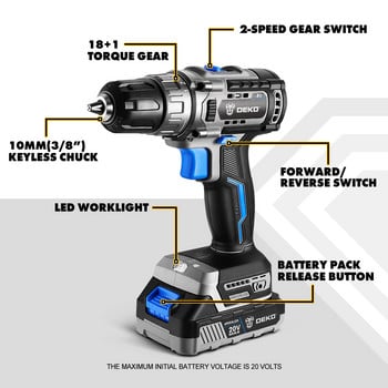 Τρυπάνι χωρίς ψήκτρες DEKO 20V Ηλεκτρικό κατσαβίδι 42N.M, Ρυθμίσεις ροπής 18+1, 2 ταχύτητες, ηλεκτρικά εργαλεία τσοκ χωρίς κλειδί 3/8\