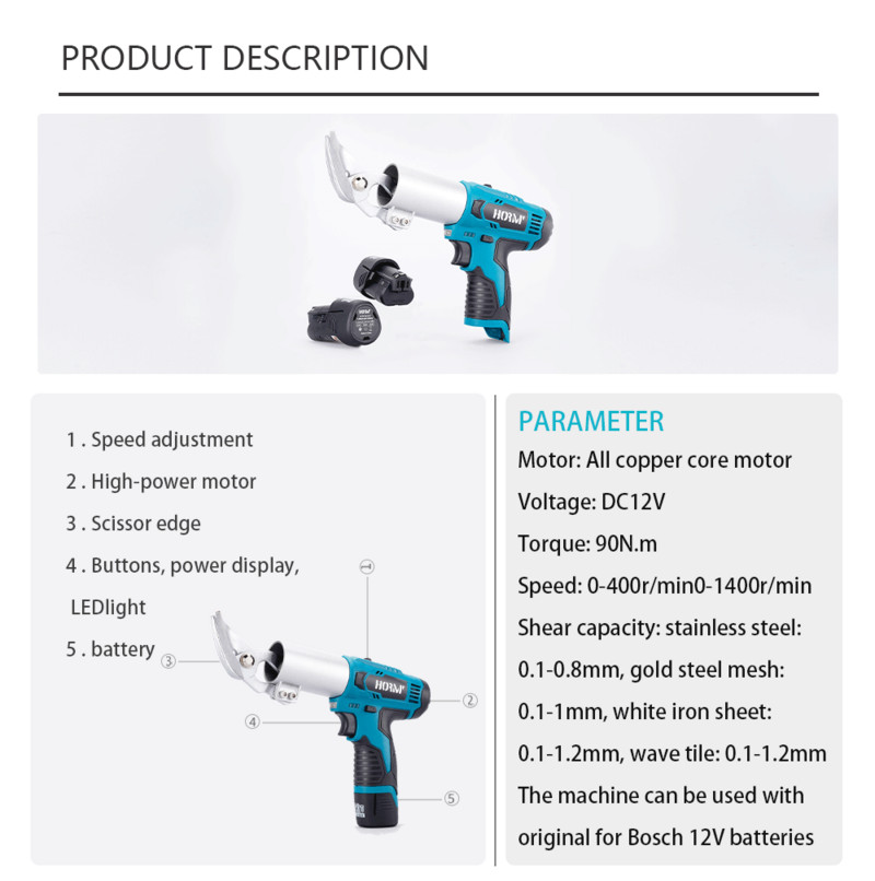 12V akumulatorske električne škare za glačanje Rezalni list Punjive električne škare s dvije brzine Alat za rezanje metala za Bosch bateriju