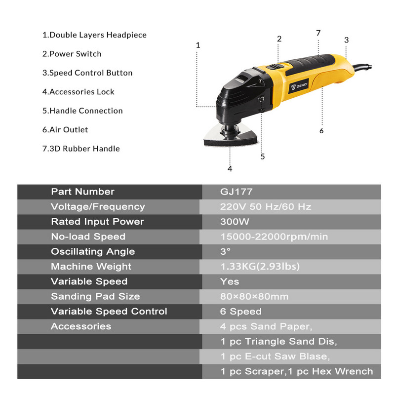 DEKO 220V kintamo greičio elektrinis daugiafunkcis svyruojančių įrankių rinkinys Daugiafunkcis elektrinis įrankis elektrinis žoliapjovės pjūklas su priedais