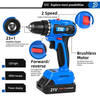 21V Brushless Electric Drill 40NM Screwdriver 2000mAh Wireless Power Battery Electric Screwdriver Drill 5pcs Bit PROSTORMER