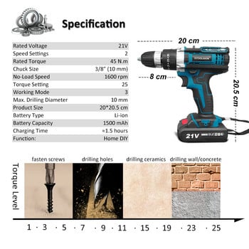 OTOOLSION 21V Ударна електрическа бормашина Акумулаторни винтоверти с променлива скорост 1.5Ah Акумулаторна бормашина с литиева батерия