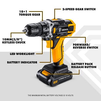 DEKO New Loner 16V LED Cordless Drill Mini Wireless Power Driver with Lithium Battery Pack Ηλεκτρικό κατσαβίδι για ξυλουργική