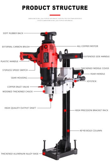 220V Electric Diamond Water Drill Machine 1600r/min Engineering Torque Drilling Machine Mini Hand Drill Power Tool Max.180mm