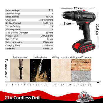 OTOOLSION Electric Drill Screwdriver Cordless Drill Wireless Power Driver 1500mAH Μπαταρία ιόντων λιθίου με εργαλειοθήκη 3/8 ιντσών