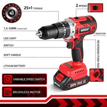 WOSAI MT-Series 125N.m 20V Brushless Electric Drill 13mm Cordless Drill Hammer Li-ion Battery Electric Power Screwdriver