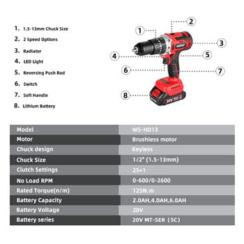 WOSAI MT-Series 125N.m 20V Brushless Electric Drill 13mm Cordless Drill Hammer Li-ion Battery Electric Power Screwdriver