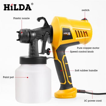 HILDA 500W/800ml Ψεκαστήρας χρωμάτων Υψηλής ισχύος HVLP Ηλεκτρικό πιστόλι ψεκασμού EU/US Plug 5 ακροφύσιο εύκολος ψεκασμός για το σπίτι DIY