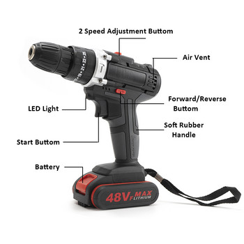 48VF Mini Cordless ηλεκτρικό τρυπάνι κρουστικό δράπανο κλειδί ηλεκτρικό κατσαβίδι με σετ LED 2 Speed+ Battery