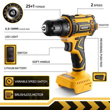 Τρυπάνι WOSAI Brushless 50NM Electric Screwdriver 25+1 Torque Settings 2-Speeds 20V Cordless Drill for 18V Makita Lithium Battery