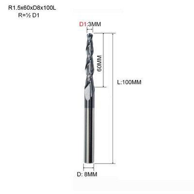 1 бр. HRC55 D3.175 D4 D6 D8 D10 D12 2F фреза с конусовидна топка и носова част, волфрамова твърдосплавна фреза с конусовидна конусна фреза