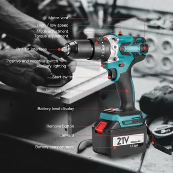 21V безчеткова електрическа ударна бормашина 13 мм акумулаторна ударна бормашина Отвертка Гаечен ключ Електрически инструмент за акумулаторни инструменти Makita Мощност