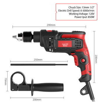 Ηλεκτρικό τρυπάνι 220V 850W 1/2 ιντσών Τρυπάνι με καλώδιο Περιστροφική ταχύτητα 3000RPM Περιστροφικό σφυρί Τρυπάνι Ηλεκτρικά Εργαλεία Ηλεκτρικό σφυρί