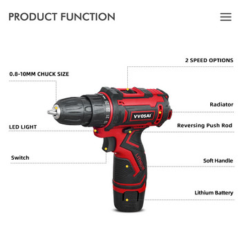 VVOSAI MT-Series 12V Cordless Drill Ηλεκτρικό κατσαβίδι Επαναφορτιζόμενο πρόγραμμα οδήγησης DC Lithium-Ion Charged Ηλεκτρικά εργαλεία 2 ταχυτήτων