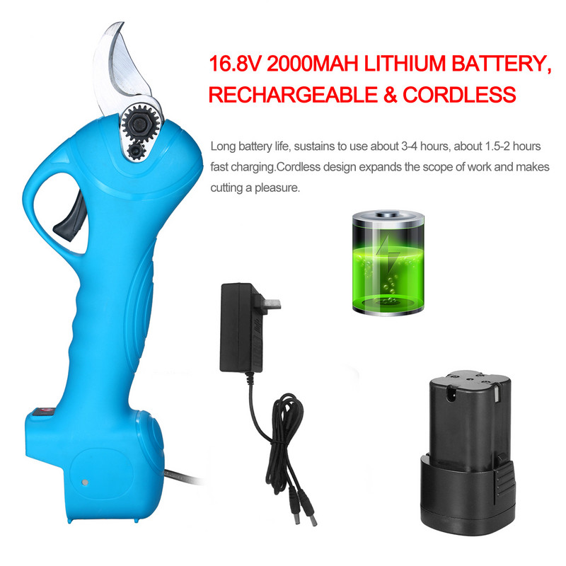 Foarfece electrice de tundere profesionale fără fir de 16,8 V, reîncărcabilă, baterie cu litiu de 2 Ah și încărcător, tăietor de ramuri de copac
