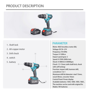 Ηλεκτρικό κρουστικό δράπανο 18V 3 σε 1 χωρίς ψήκτρες Ηλεκτρικό κατσαβίδι 13mm 20+3 Torque Cordless κρουστικό δράπανο για μπαταρία Makita 18V