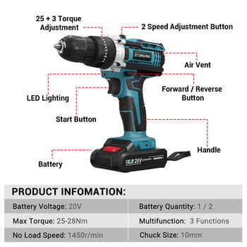 Drillpro 3 σε 1 Ηλεκτρικό κρουστικό δράπανο 25+3 Torque Ηλεκτρικό σφυρί κατσαβίδι Ασύρματο κρουστικό δράπανο ηλεκτρικό εργαλείο με 2 μπαταρίες