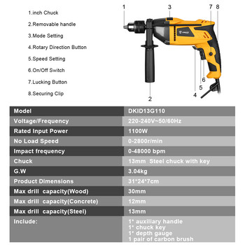 Κρουστικό δράπανο επαγγελματικής ποιότητας DEKO 220V 1100W/1200W, Τρυπάνι κατσαβίδι 2 λειτουργιών Ηλεκτρικό εργαλείο ηλεκτρικό εργαλείο (Σειρά DKID)