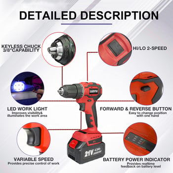 Ηλεκτρικό τρυπάνι χωρίς ψήκτρες 21+1 Torque 75N/M 21V Li-ion Battery Cordless Screwdriver Electric Power Tool