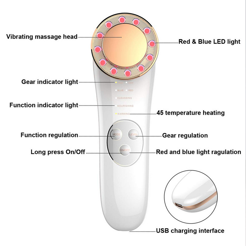 7 az 1-ben Arcápoló Piros és Kék Led Light Device Ion Arcmasszírozó Öregedésgátló Bőrfeszesítő Arctisztító Bőrápoló Masszírozógép