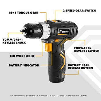 MAX УДАРНА БОРМАГИЯ АКУМУЛАТОРНА БОРМАГИЯ ЕЛЕКТРИЧЕСКА ВИНТОВЕРТА С 1.5AH DC ЛИТИЕВО-ЙОННА БАТЕРИЯ ЕЛЕКТРОНЕН ИНСТРУМЕНТ ПЕРФОРАТОР DEKO GCD12DU3