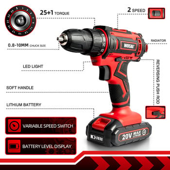 WOSAI New Series 12V 16V 20V Cordless Drill Screwdriver Mini Wireless Power Driver 25+1 Ρυθμίσεις ροπής Μπαταρία ιόντων λιθίου