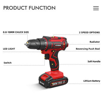 VVOSAI QY-Series 2 Speed 3/8-Inc 20V Electric Screwdriver Mini Driver 25+1Ρυθμίσεις ροπής Τρυπάνι μπαταρίας Επαναφορτιζόμενο ηλεκτρικό εργαλείο