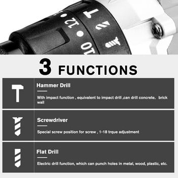 3 σε 1 Ηλεκτρικό κρουστικό δράπανο χωρίς ψήκτρες 13mm 20+3 Torque Electric Screwdriver Τρυπάνι για μπαταρία Makita 18V