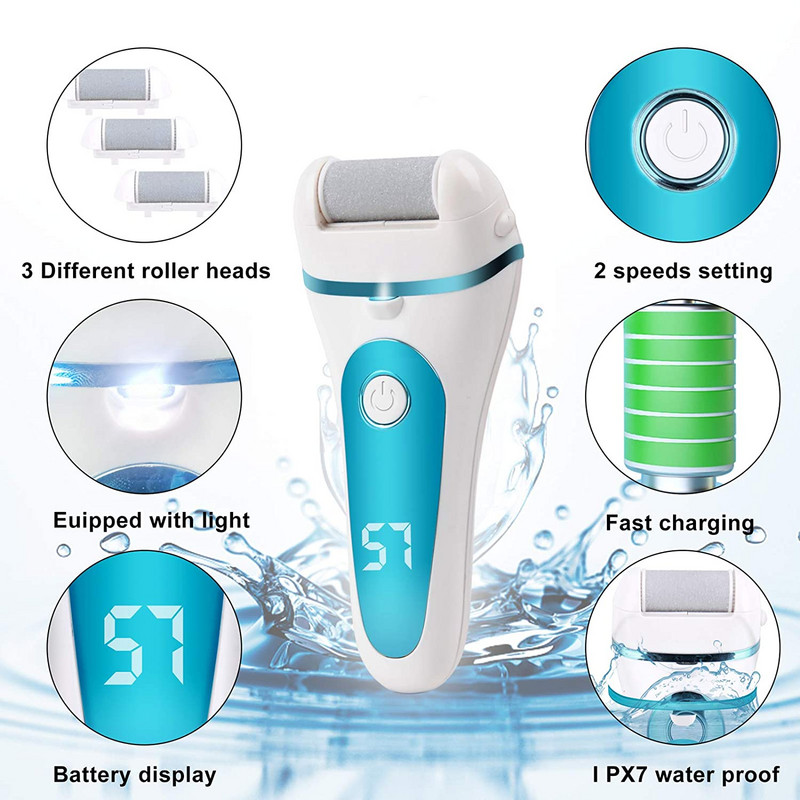 Elektromos lábreszelő Callus Rasp USB újratölthető 3 görgővel 2 sebességes vízálló elektromos lábreszelő pedikűrös lábápoláshoz