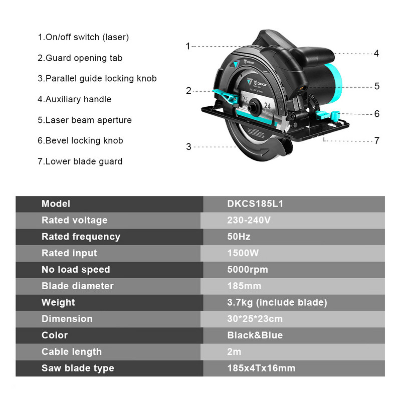 DEKO električna kružna pila 185 mm, višenamjenski stroj za rezanje, s laserom (185L1) i pomoćnom ručkom - DKCS185L1/DKCS185LD3