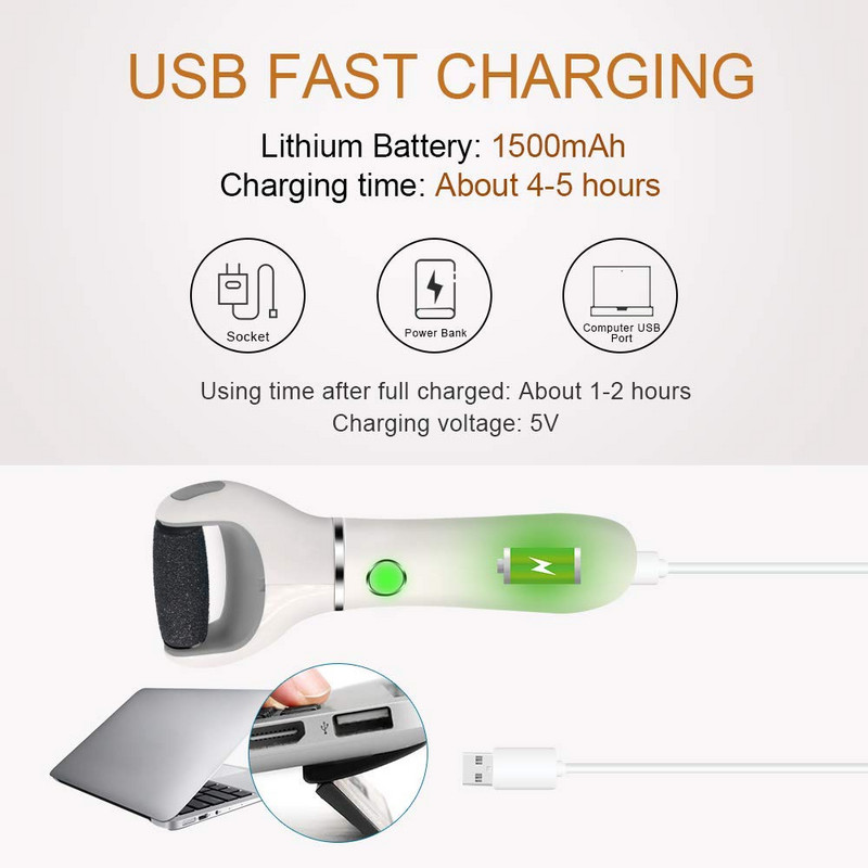 Elektromos lábreszelő pedikűr eszközök, három sebességes beállító USB pedikűr gép Holt bőr bőrkeményedés eltávolító hordozható lábápoló eszköz