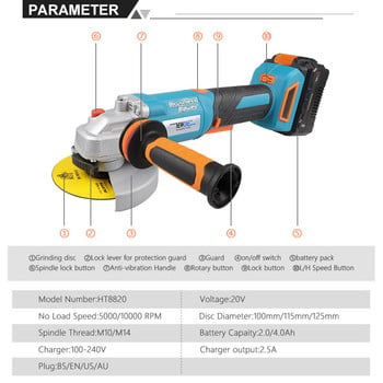 Μίνι γωνιακός μύλος χωρίς ψήκτρες 20V 90° Περιστροφής 900W Μηχανή λείανσης με αντικραδασμική βοηθητική λαβή μπαταρίας λιθίου