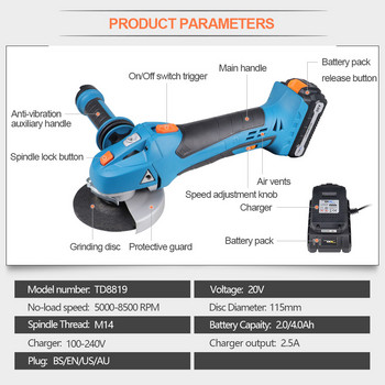 20V Cordless Impact Min Angle Grinder Variable Speed 4,0A Lithium-Ion Battery DIY Power Tool Cutting Electric M14-115mm