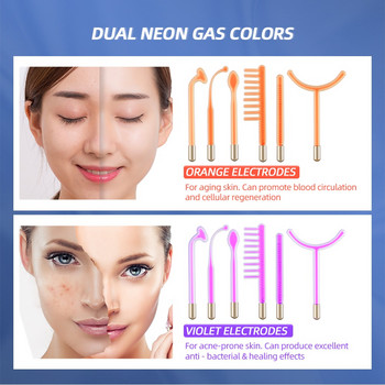 6-В-1 високочестотна електродна пръчица LCD виолетова/оранжева стъклена тръба Средство за премахване на петна от акне Озонова терапевтична пръчица за лице насърчава растежа на косата
