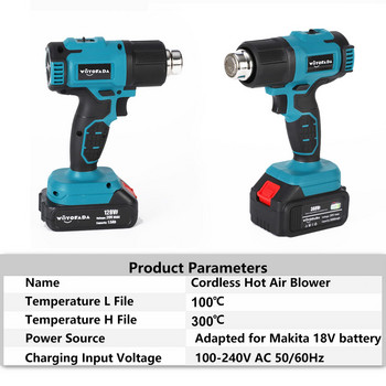 18V Cordless Heat Gun Professional Hot Air Gun Ρυθμιζόμενη θερμοκρασία για DIY Αφαίρεση Βαφής Συρρίκνωση για μπαταρία Makita 18V