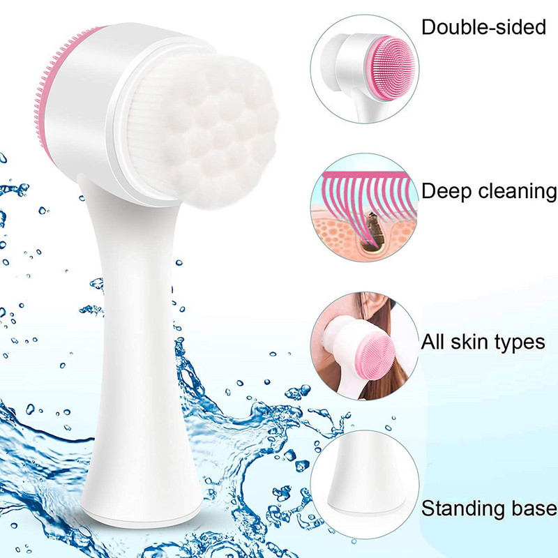 Četka za lice Ručno čišćenje lica Njega kože Silikonska ribalica za lice Dvostruka četka za pranje lica Piling dubokih pora Šminka Masaža
