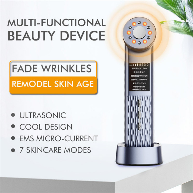 7 az 1-ben otthoni használatra Bőrápoló gép Ránctalanító Ultrahangos Facial Lift Hot Cold Masszázs EMS RF Red Light Face Beauty Device