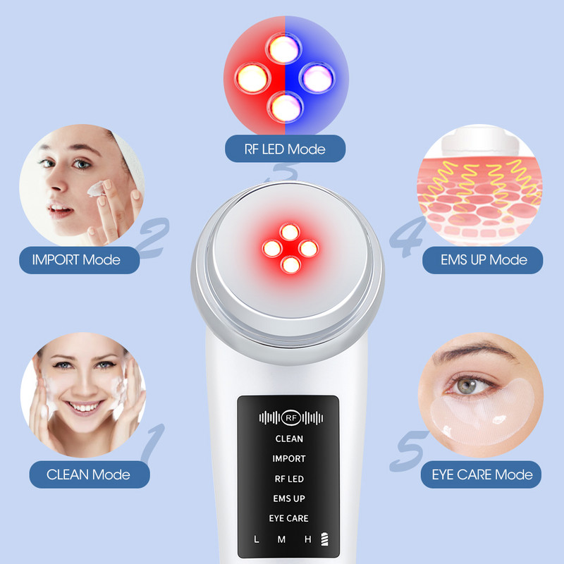 5 az 1-ben RF EMS mikroáramú arcemelő készülék vibrációs LED fotóterápiás bőrfiatalító ránctalanító arcmasszírozó