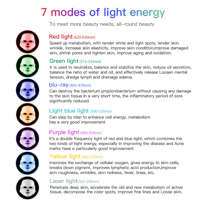 7 spalvų LED veido kaukė Fotonų terapija nuo raukšlių veido balinimo odos atjauninimo odos priežiūros grožio kaukių mašina