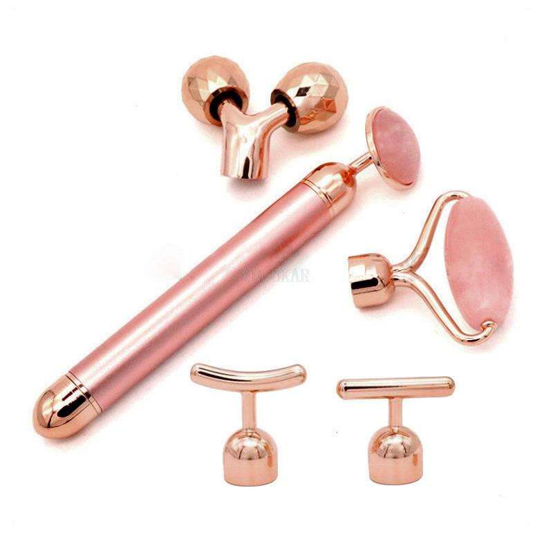 5-in-1 Gold Beauty Bar veido masažuoklis Elektrinis vibruojantis rožinis kvarcas 3D volelis Veido pakėlimas kūnui Gua Sha Jade Roller Home
