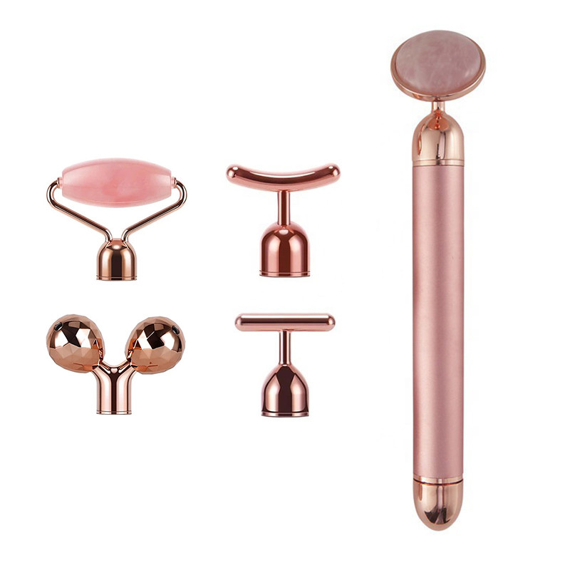 5-in-1 Gold Beauty Bar veido masažuoklis Elektrinis vibruojantis rožinis kvarcas 3D volelis Veido pakėlimas kūnui Gua Sha Jade Roller Home