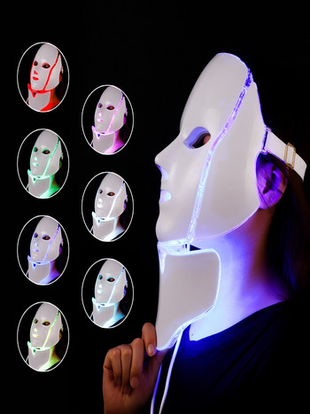 Лице + шия 7 цвята LED маска за лице с фотонна терапия против акне, премахване на бръчки Подмладяване на кожата Грижа за кожата на лицето LED маска