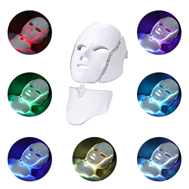 Mască facială cu LED în 7 culori cu LED Mască de terapie cu lumină pentru gât Dispozitiv de întinerire a pielii Anti acnee Dispozitiv de frumusețe Lifting facial Masaj ferm