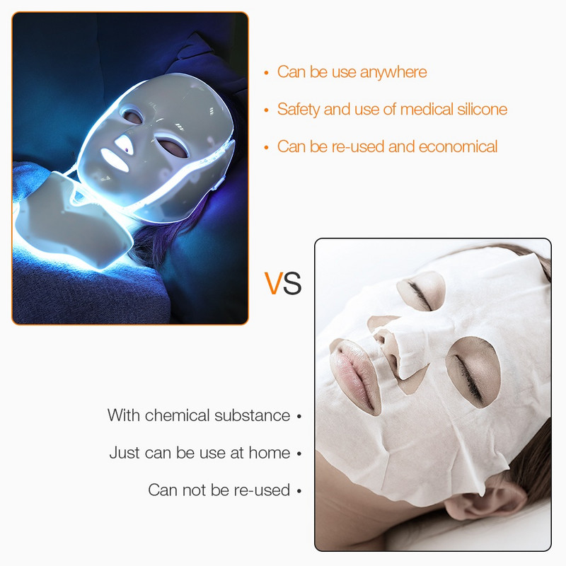 Mască facială cu LED în 7 culori cu LED Mască de terapie cu lumină pentru gât Dispozitiv de întinerire a pielii Anti acnee Dispozitiv de frumusețe Lifting facial Masaj ferm