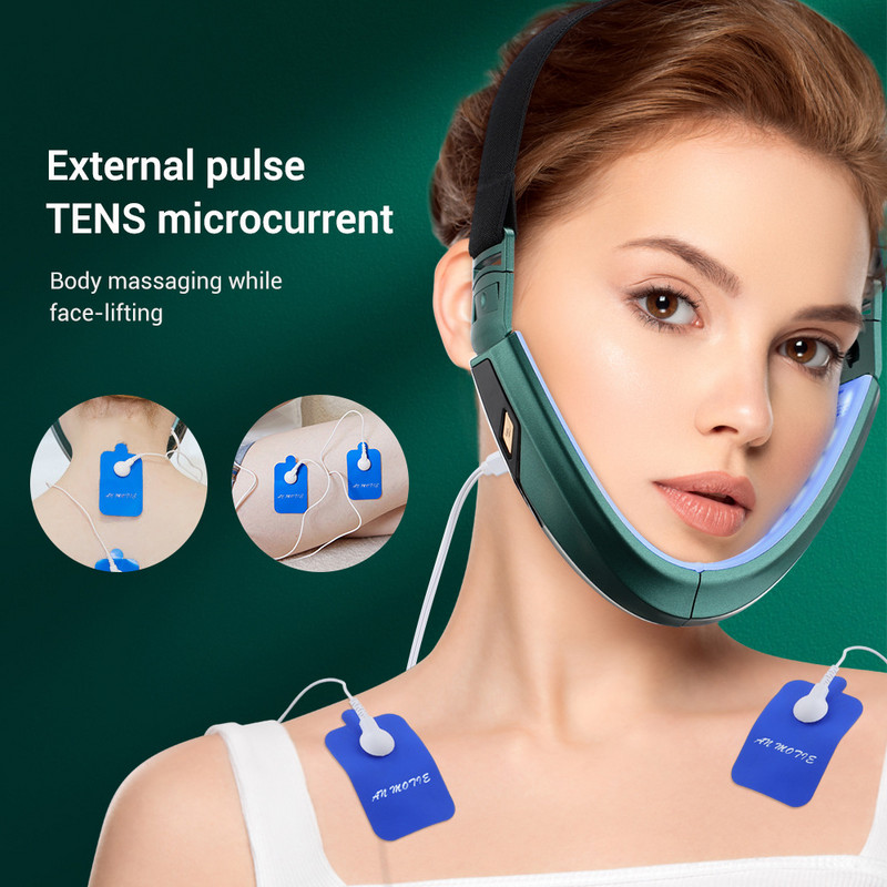 TENS Chin V-Line Up Lift Belt Machine Blue LED foton terápiás arcemelő karcsúsító vibrációs masszírozó dupla állcsökkentő