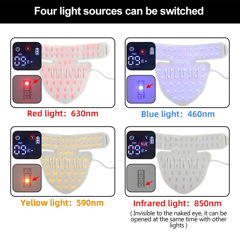 4 színű LED arcmaszk Piros fényterápia szilikagél nyakhoz Photon NIR könnyű bőrfiatalító arcmaszk akne elleni fényes