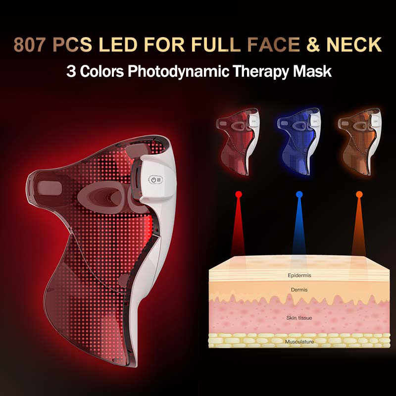 Új 807db LED-es Face Beauty Mask 3 Colors Light Nano Photodynamic Therapy Visiale Beauty Mask Bőrfiatalító akne elleni maszk
