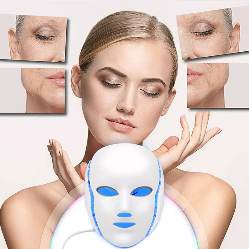 7 színű világos LED-es arcmaszk nyakkal, arcápoló kezeléssel Beauty akne elleni terápia arcfehérítő bőrfiatalító gép