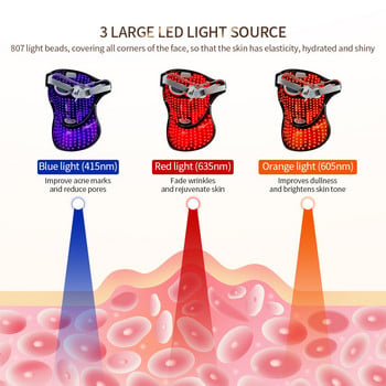 Червено/синьо/оранжево 3 цвята LED светлинна терапия Инфрачервена светлинна терапия маска против стареене Цяло лице с шия Безжична козметична маска за лице