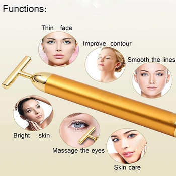 24K златен електрически валяк за лице Beauty Bar Вибриращ масажор за лице Т-образен лифтинг на лицето против бръчки Инструмент за стягане на кожата