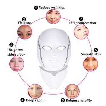 7 цвята LED маска за лице с червена светлина Терапия за красота Устройство с подмладяване на кожата на врата Грижа за кожата Избелваща машина против акне